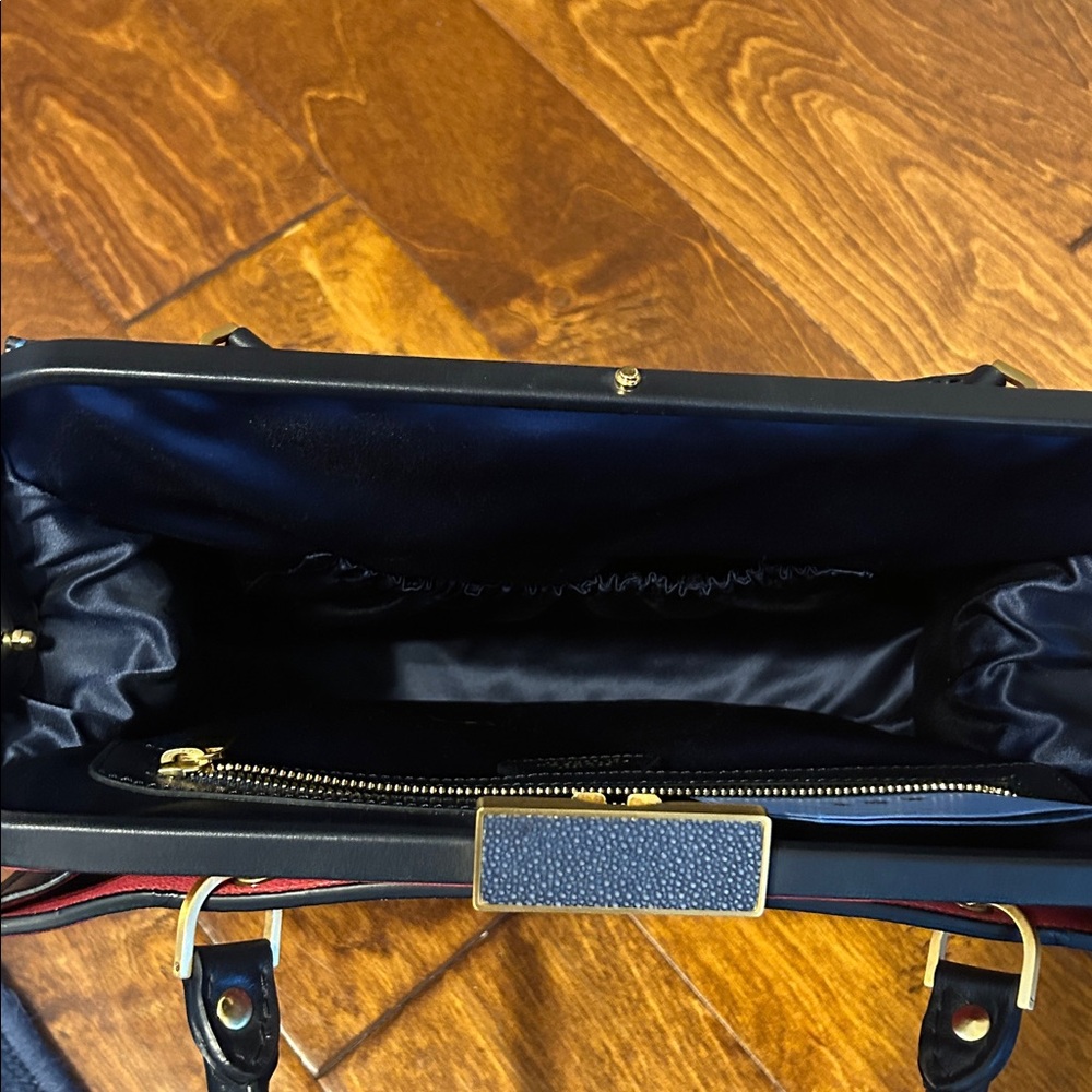 Smythson of Bond Street Pink & Navy Leather Metal Clasp Satchel. - Picture 6 of 14